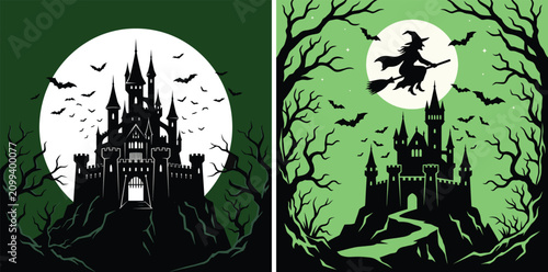 Obraz na plátně Spooky Halloween haunted castle vector set, gothic fortress silhouette with full