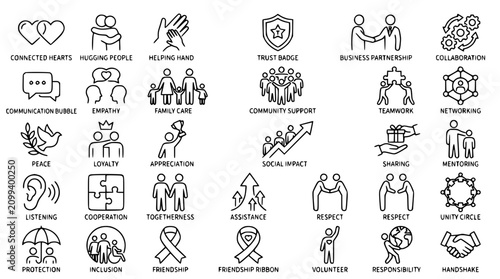 Minimal Linear Relationship Icons Collection Featuring Friendship Love Support and Teamwork Vector Set
