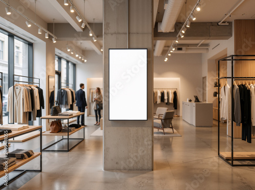 Fashion Frame: Blank Vertical Display on Retail Column—Polished Concrete, Warm Light, and 8K Luxury Store Clarity