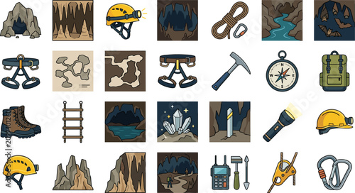 Fotografie Speleology and cave exploration equipment vector icon set featuring helmets rope