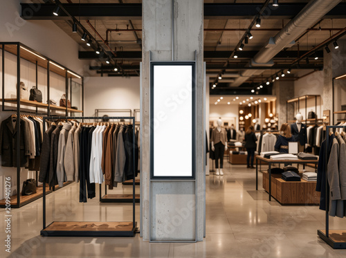 Fashion Frame: Blank Vertical Display on Retail Column—Polished Concrete, Warm Light, and 8K Luxury Store Clarity