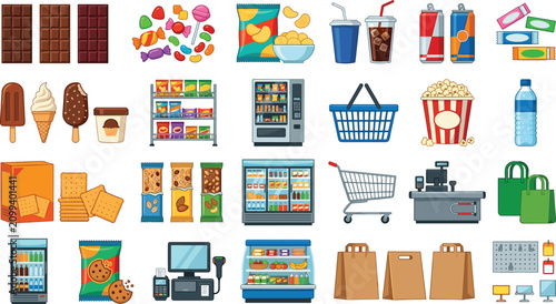 Foto Supermarket snack food and retail store vector icons set with vending machine gr