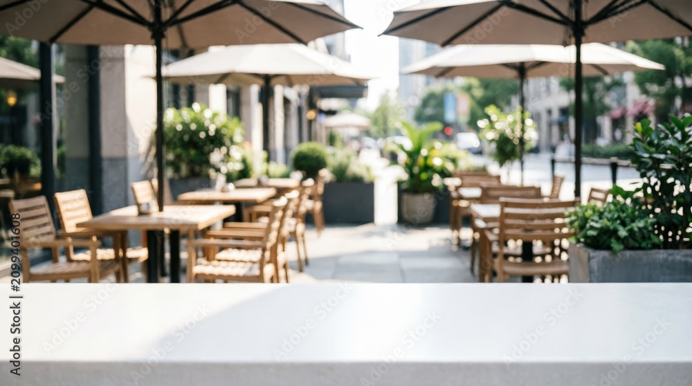 Fototapeta premium Outdoor Cafe Terrace with Wooden Tables and Umbrellas for Web Design