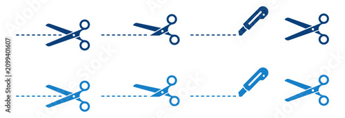 Canvastavla Dark and light blue scissors and utility knife cutting line on transparent backg