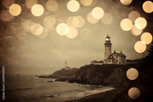 Point reyes lighthouse coastal view with bokeh effect in sepia tone