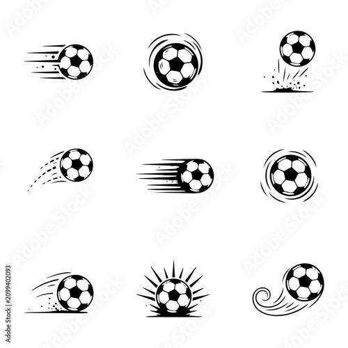 Soccer balls fly through the air with dynamic visual trails in this series of monochrome illustrations.