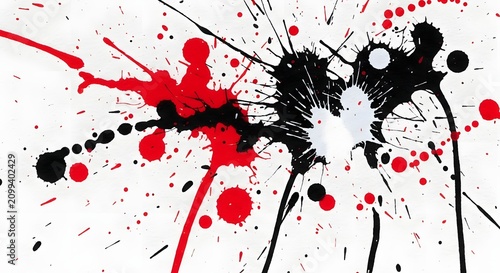 Abstract art background with vibrant red and black paint splashes on white canvas