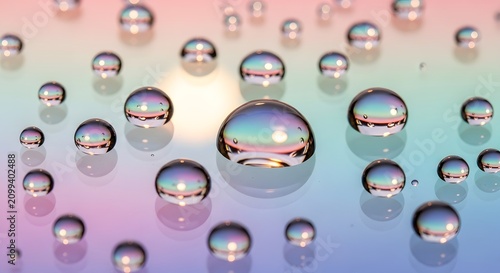 Abstract macro background with iridescent water droplets on a smooth gradient surface