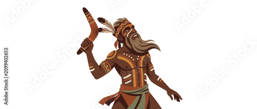 Fotografía Indigenous Warrior with Boomerang and Feathers
