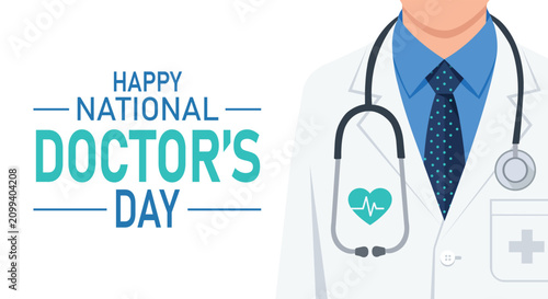 Bild auf Leinwand Happy Doctor's Day: A clean, graphic representation celebrating National Doctor's Day with the iconic doctor's coat, stethoscope, and a heart with a pulse graphic, conveying health and care