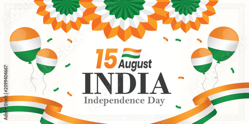 Foto India Independence Day Celebration: Vibrant Indian tricolor flags, balloons, and confetti adorn this festive graphic celebrating India's Independence Day on August 15th