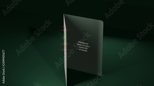 Starting card rotating and opening on green floor, revealing wreath with six pink lights and text