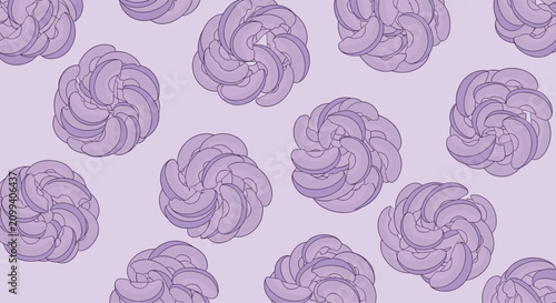Creative seamless pattern showcases abstract purple cabbage slice wheels on a light violet backdrop for textiles.