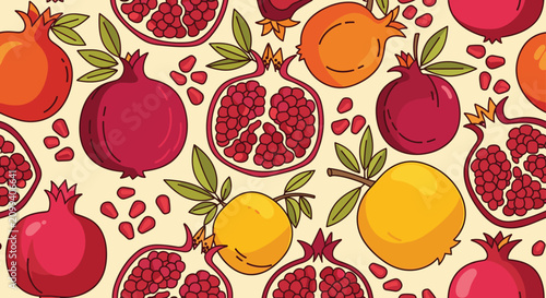 Colorful seamless pattern showcases hand drawn red, orange, and pink pomegranates with seeds on a warm cream backdrop.