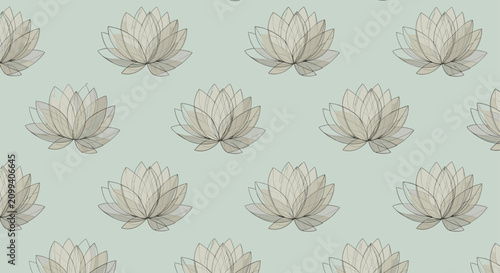 Serene seamless pattern features sketch style translucent lotus flowers floating on a soft greenish blue background.