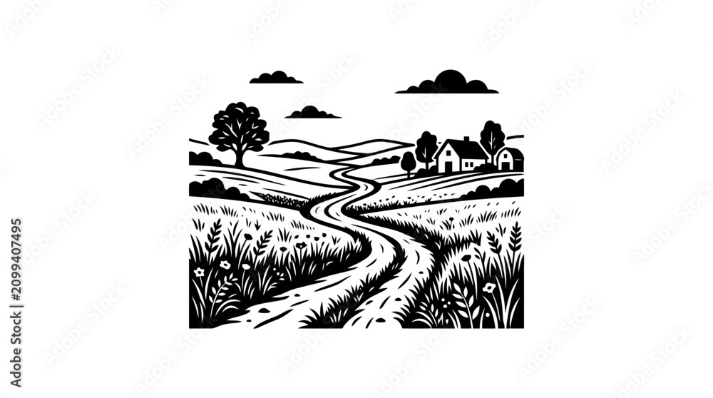 Naklejka premium black and white illustration of countryside landscape.