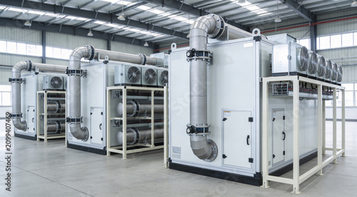 Obraz na płótnie Industrial HVAC units with large pipes and fans in a clean factory setting