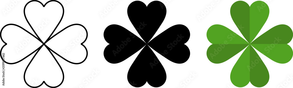 Fototapeta premium Four leaf clover icon. Clover silhouette. Leprechaun symbols. Green lucky clover sign