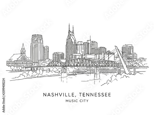 Nashville tennessee city skyline illustration isolated on transparent background, Vector