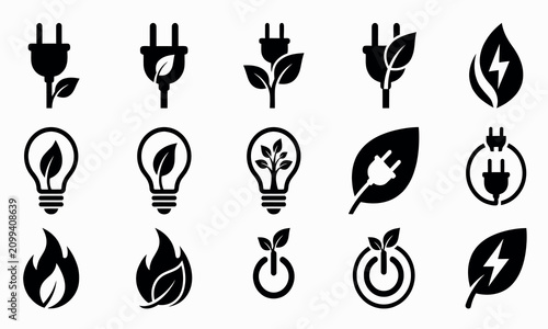 Bild auf Leinwand Energy source icons depicting leaves plugs lightbulbs and power symbols in a fla
