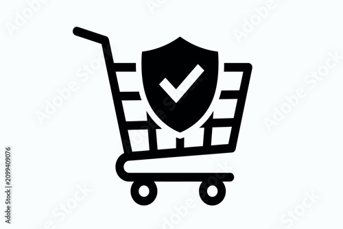 Shopping cart with shield and checkmark a black silhouette on a transparent background for digital use trolley retail commerce