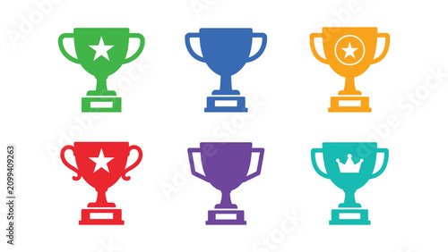 Minimal Trophy Icons Set – Flat Vector Award Cup Collection in Bold Solid Colors for Achievement, Championship, Winner, UI and Web Design