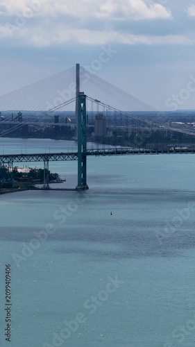 Aerial footage of a gorgeous landscape along the Detroit River in Detroit Michigan USA