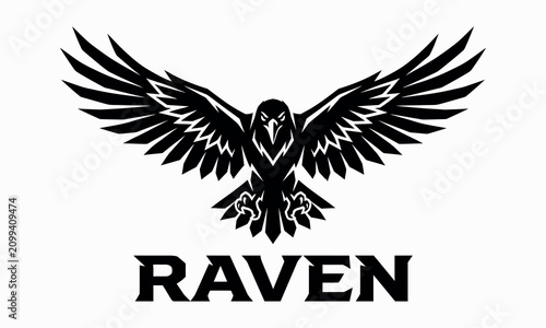 Foto Raven silhouette with wings spread a stark black graphic design on a white backg