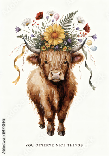 Fluffy Highland Cow Carrying a Wildflower Bouquet with Birthday Balloons, Charming Hand Painted Greeting Card Illustration