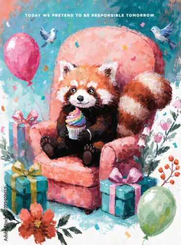 Fluffy Red Panda Holding a Birthday Cupcake in a Cozy Armchair, Hand Painted Greeting Card Illustration