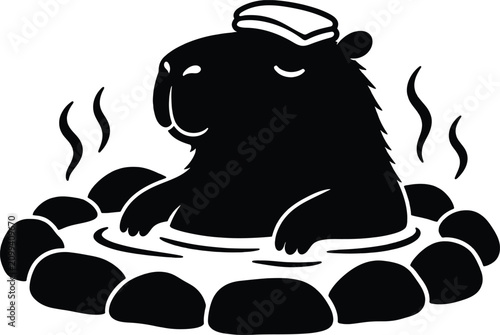 Cute capybara relaxing in a hot spring with towel on head in simple black silhouette illustration