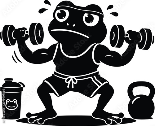 Strong cartoon frog lifting heavy dumbbells during gym workout in playful fitness illustration