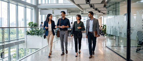 Indian Business Professionals Walking And Discussing Together In Modern Corporate Office generative ai