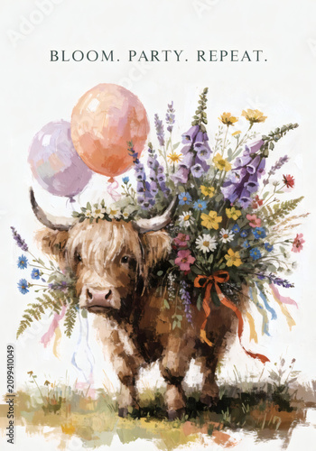 Fluffy Highland Cow Carrying a Large Bouquet of Wildflowers, Hand Painted Birthday Greeting Card Illustration
