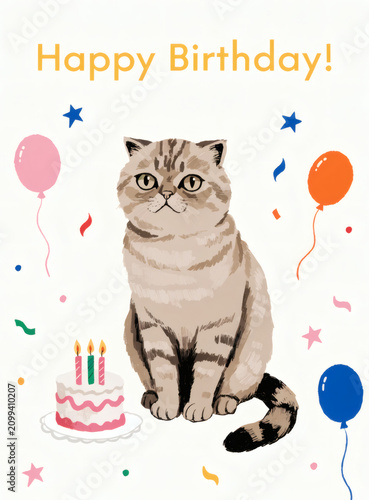 Cute Scottish Fold Cat with Birthday Cake, Funny Hand Painted Greeting Card Illustration in Modern Storybook Style