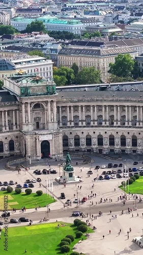 Aerial view of Hofburg complex in Vienna focusing on Heldenplatz and Neue Burg wing architecture.