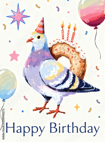 Funny City Pigeon Wearing a Party Hat with Birthday Bagel, Whimsical Hand Painted Greeting Card Illustration