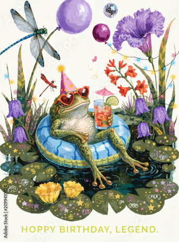 Stylish Green Frog Relaxing with Tropical Drink and Birthday Decorations, Whimsical Hand Painted Birthday Greeting Card Illustration