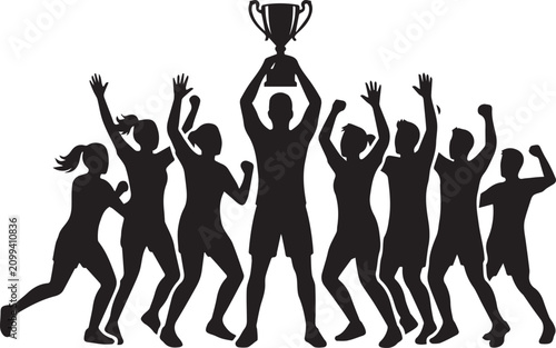 People celebrating with trophy. Silhouette of group winning competition.