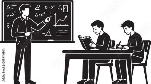 Teacher explaining math on blackboard. Educator teaching students.