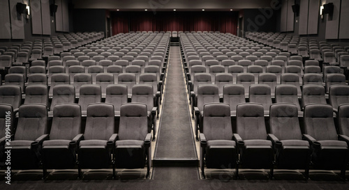 Large empty auditorium with rows of grey seats