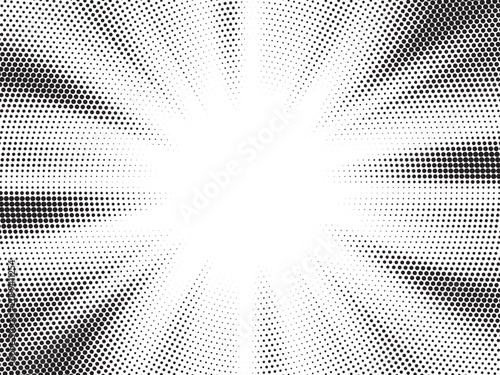 Halftone gradient sunburst rays pattern. Abstract vector dot background with monochrome comic pop art style. Radial starburst, explosion, shine, sunrise rays poster design.
