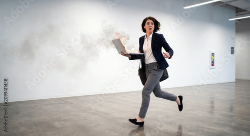 business woman running with laptop