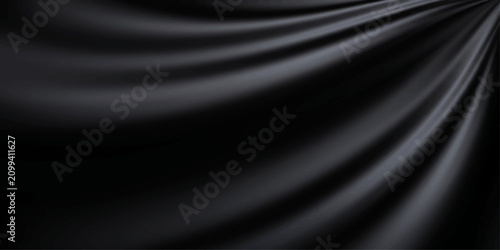 Luxury black satin silk fabric background with smooth flowing waves, soft blue light reflections, elegant textile texture, and dark drapery design backdrop