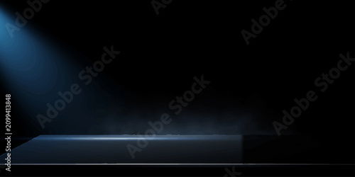 Bild auf Leinwand Spotlight on Stage: A dramatic blue spotlight pierces the darkness, illuminating an empty stage with a wispy trail of smoke, setting a mysterious and expectant mood