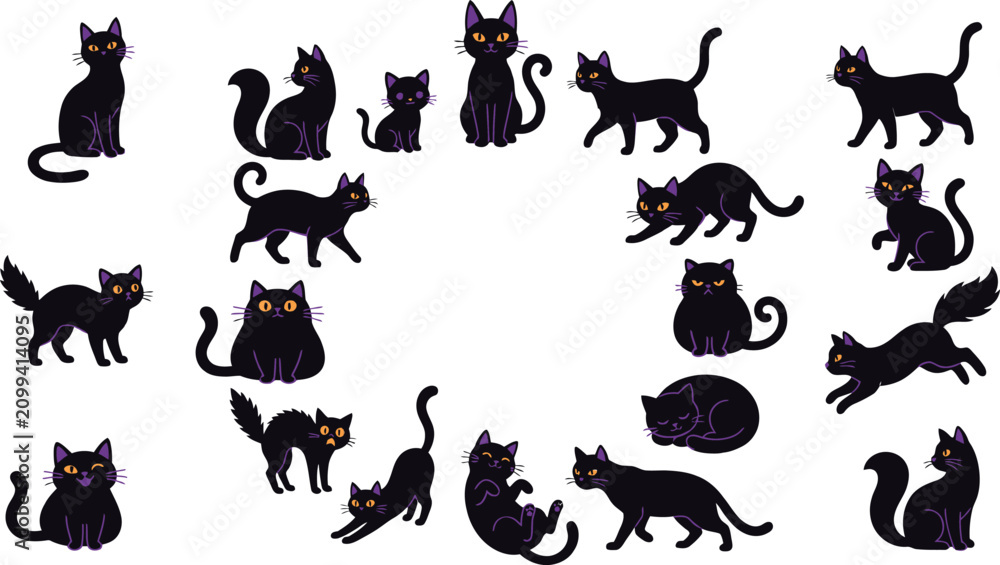 Fototapeta premium Collection of black cats in various poses vector illustration for halloween and mystical designs