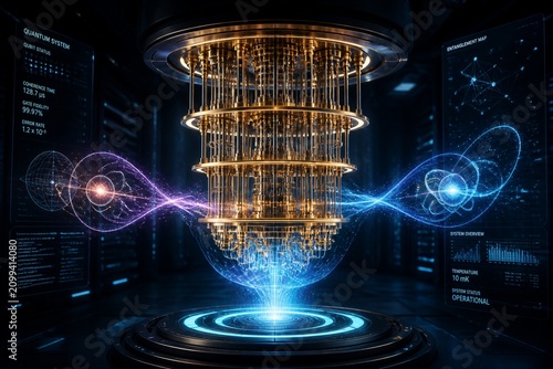 Quantum processor core emitting energy in lab chamber