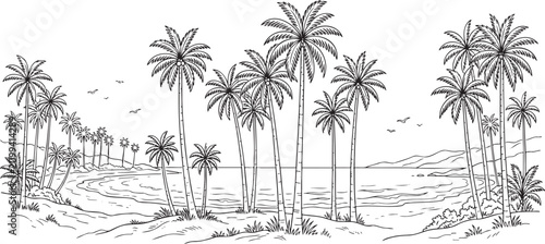 Foto Tropical beach landscape with palm trees and sandy shore vector illustration for