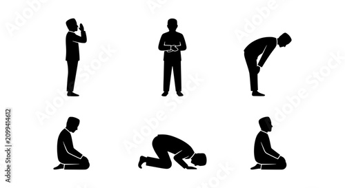 Foto Islamic Prayer Poses Vector Icons, Muslim Salat Positions Silhouette Set, Religi