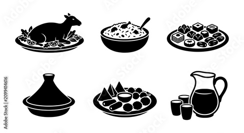 Schilderij op canvas Moroccan Food Icons Set, Traditional Cuisine Vector Graphics, Tagine Dish and Dr